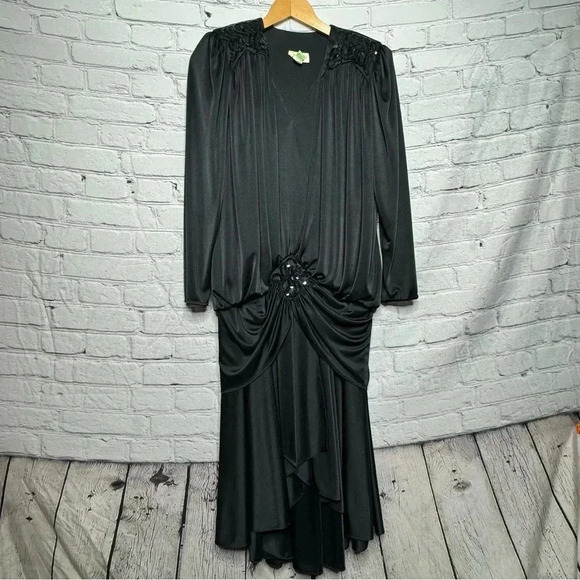 Abby Kent Vintage Black Glam Draped Sequinned High-Low Evening Dress size 10 - Picture 1 of 10